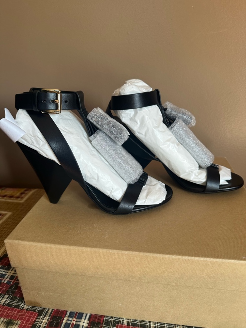Michael Kors Black Leather Wedge Sandals with Gold Buckle